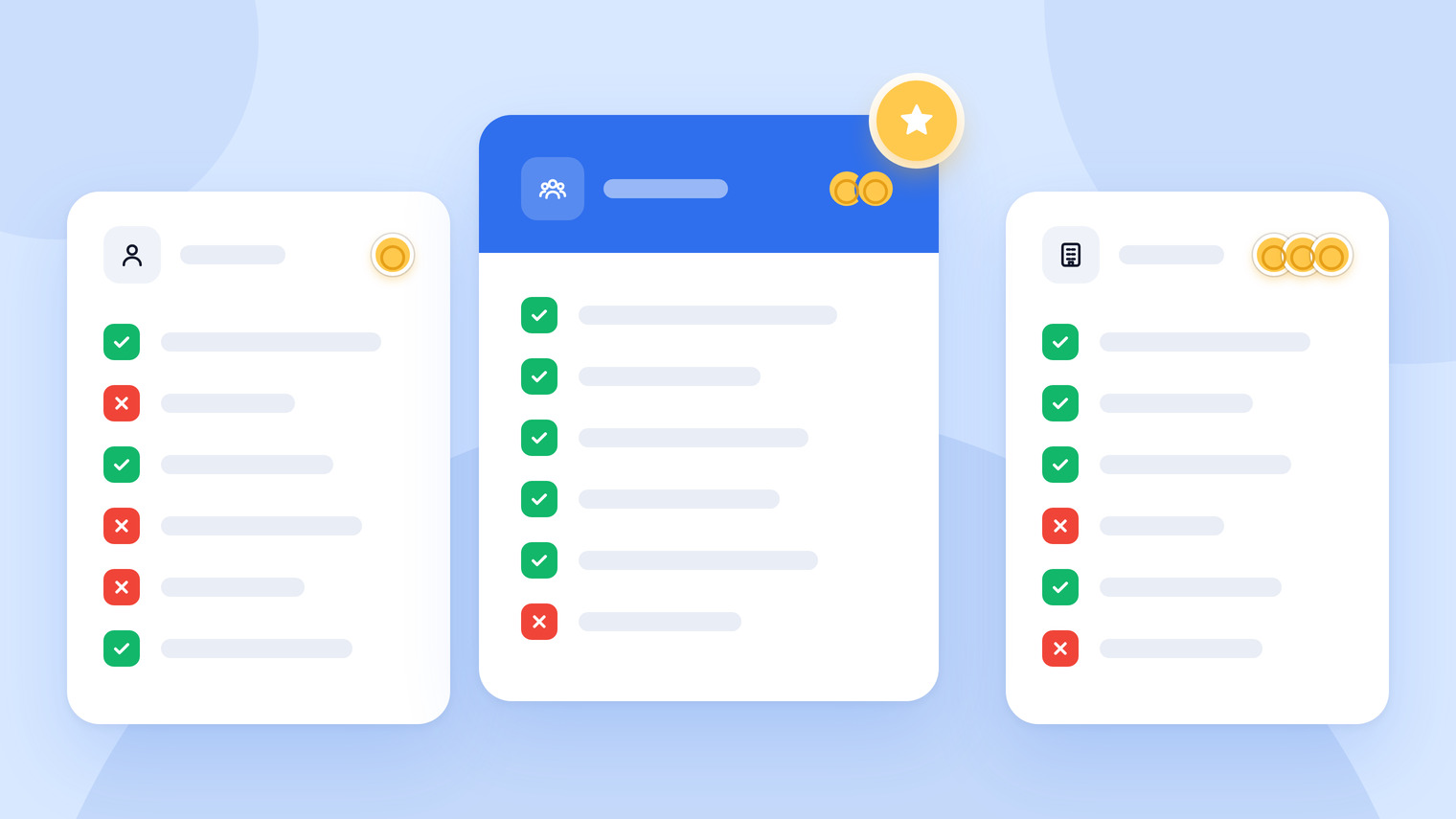 Three pricing cards comparing a freelancer, a done-for-you team and an agency, with check and cross marks