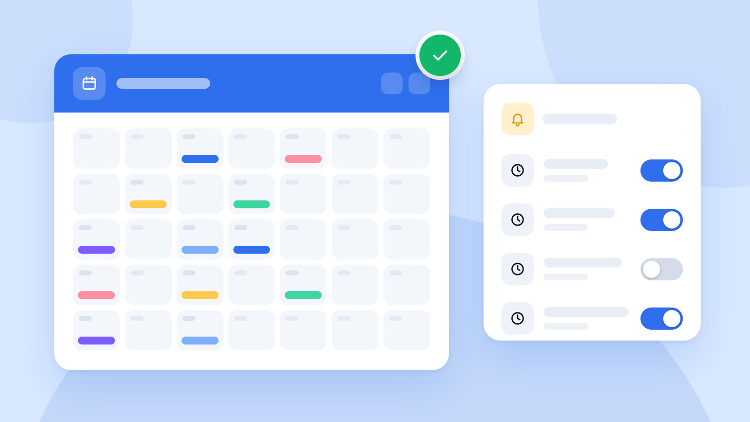 A monthly content calendar full of scheduled posts next to a reminder list with switches
