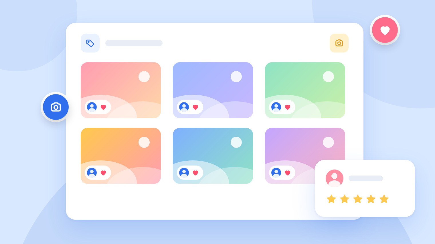 A grid of customer photos with hearts, next to a five-star review