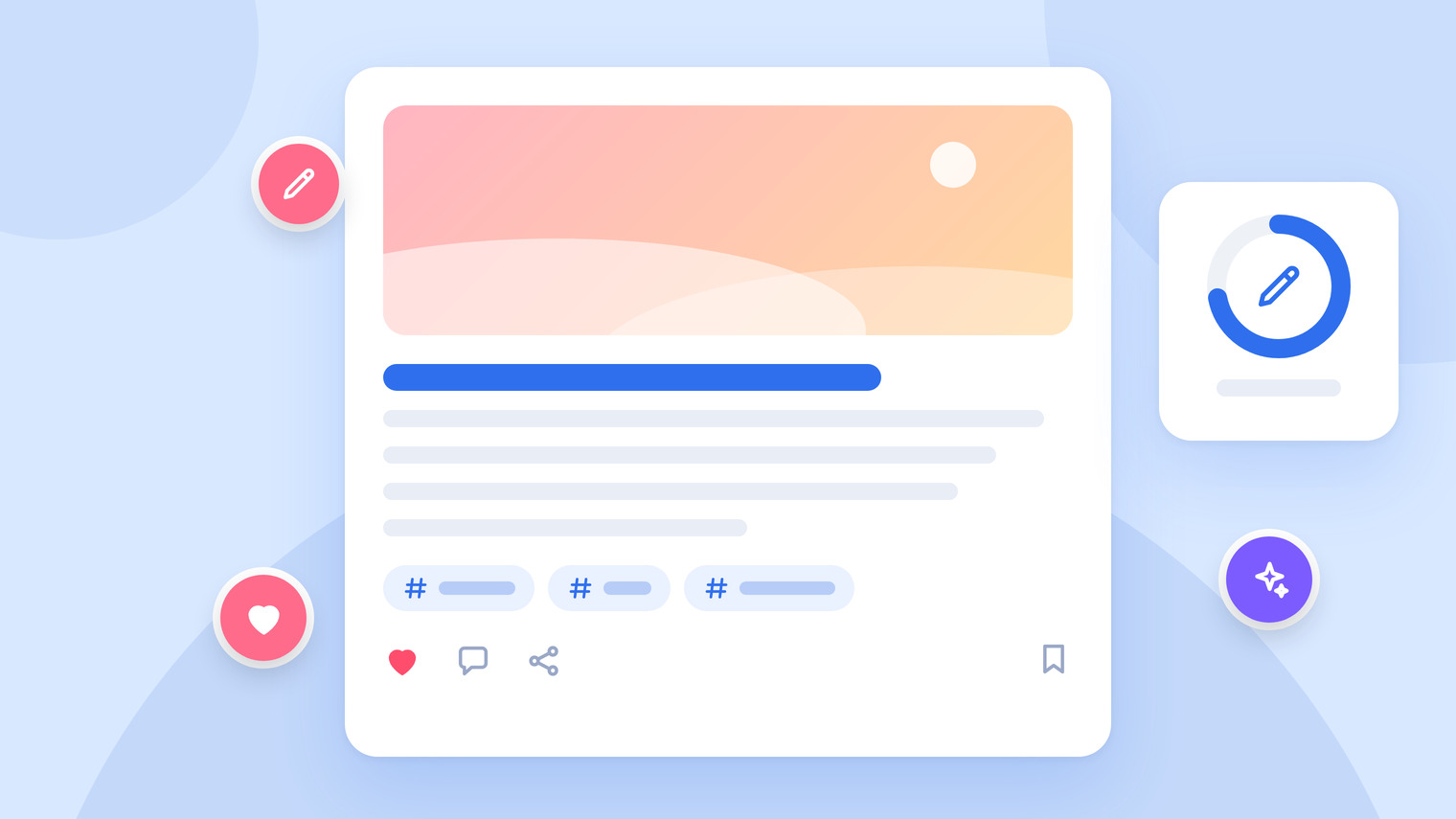 A social media post editor with a photo, a highlighted first line and hashtag chips