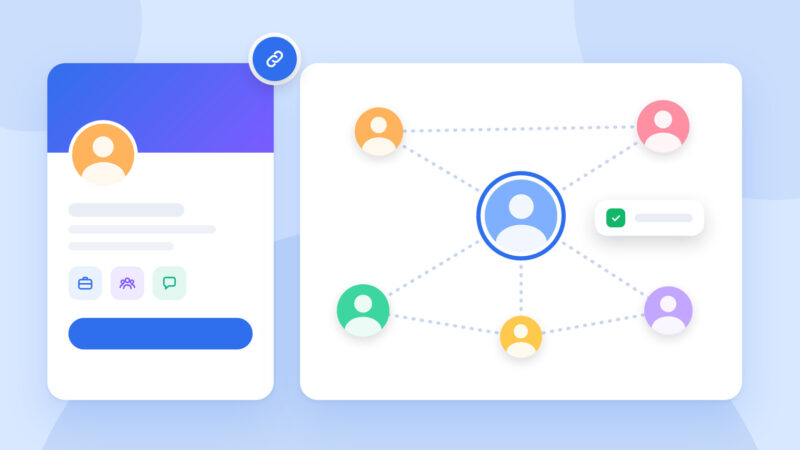 A professional profile card next to a network of connected people