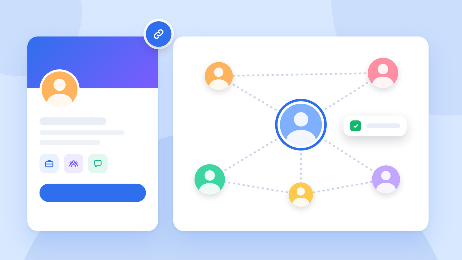 A professional profile card next to a network of connected people