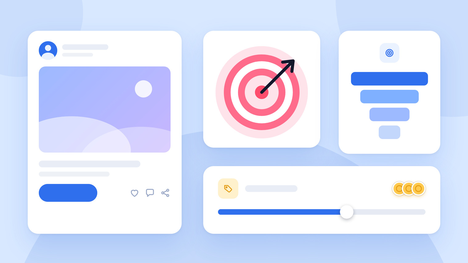 An ad preview, a bullseye target, a funnel and a budget slider