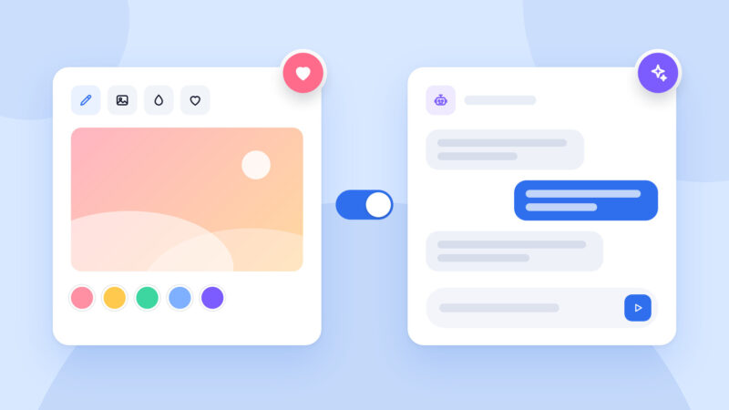 A design canvas and a chat window with a switch between them