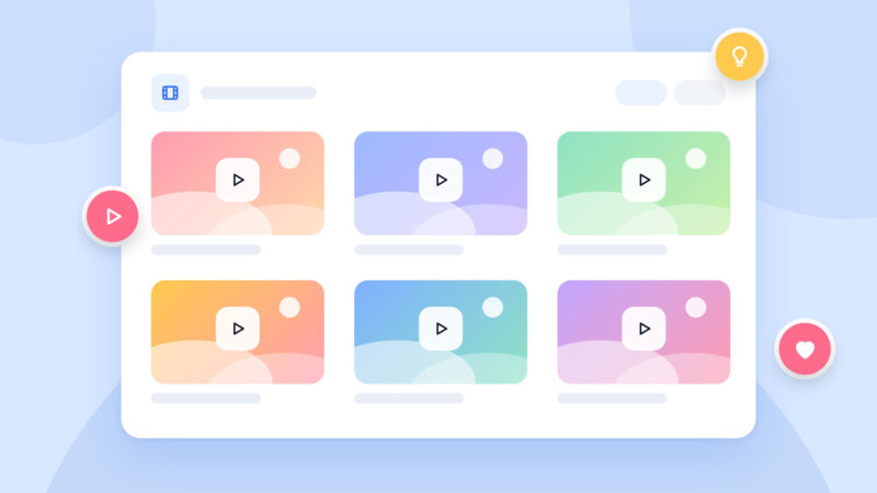 A board of video thumbnails with play buttons