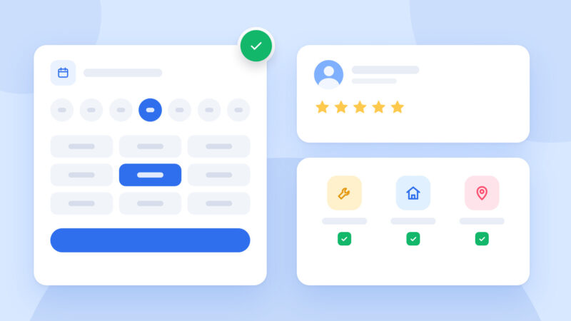 A booking calendar, a five-star review and service icons