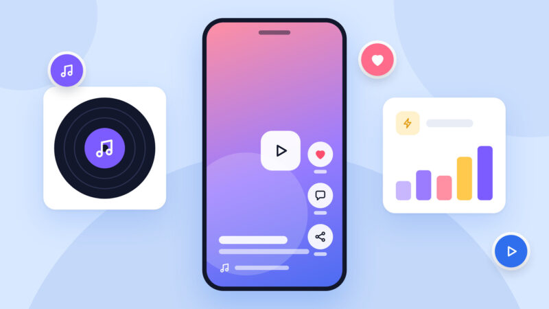 A vertical video on a phone beside a music disc and a rising bar chart